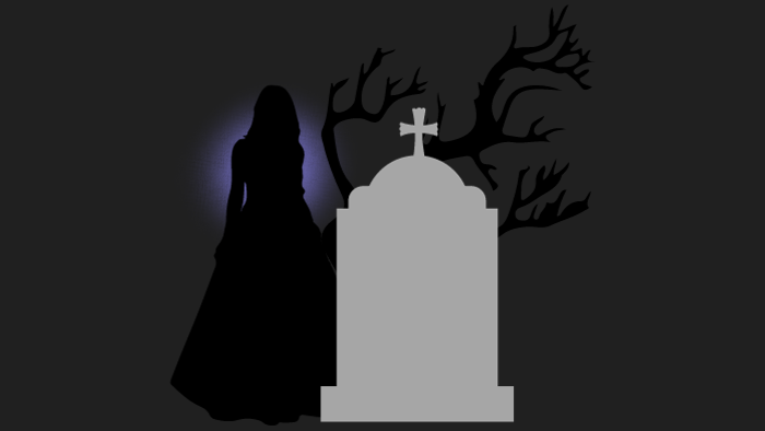 墓地に佇む黒衣の女をイメージした画像
